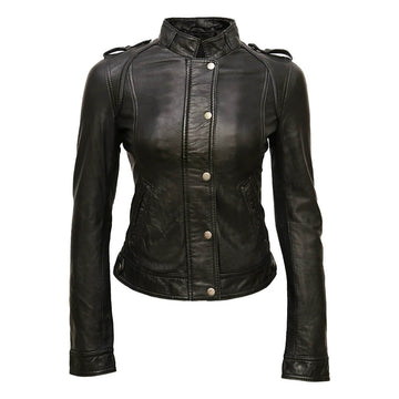 Diana Dark Black Button Leather Jacket for Women