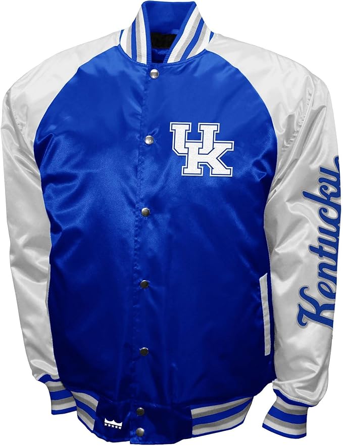 Kentucky Wildcats Blue & White Satin Varsity Fan Jacket – Men’s Full-Snap “Power” Style