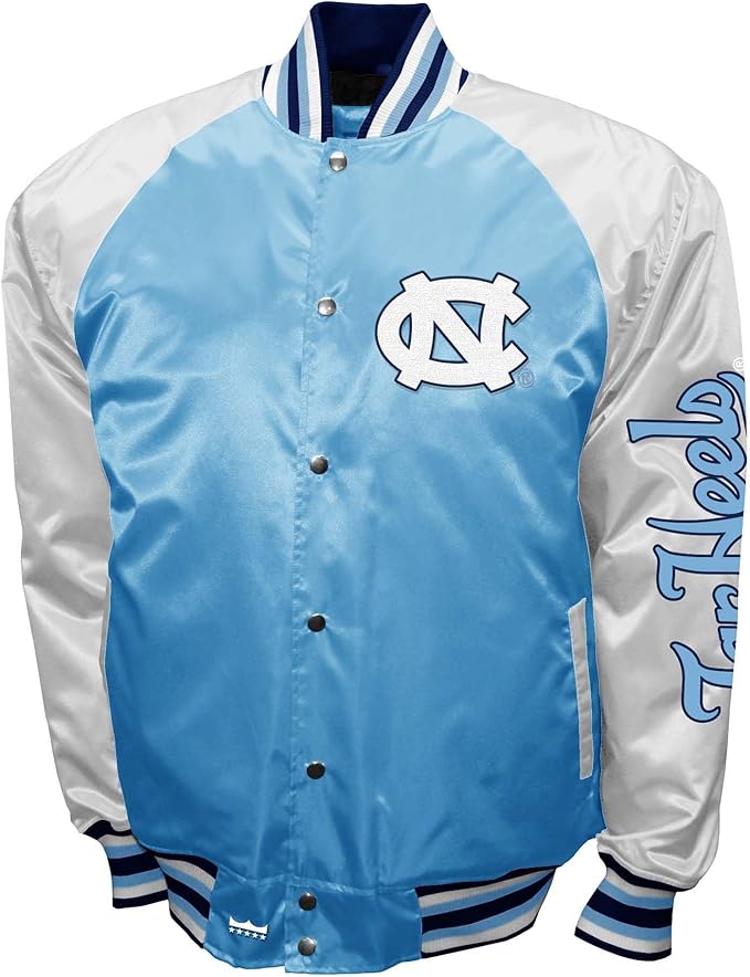 North Carolina Tar Heels Carolina Blue Satin Varsity Fan Jacket – Men’s Full-Snap “The Game” Style