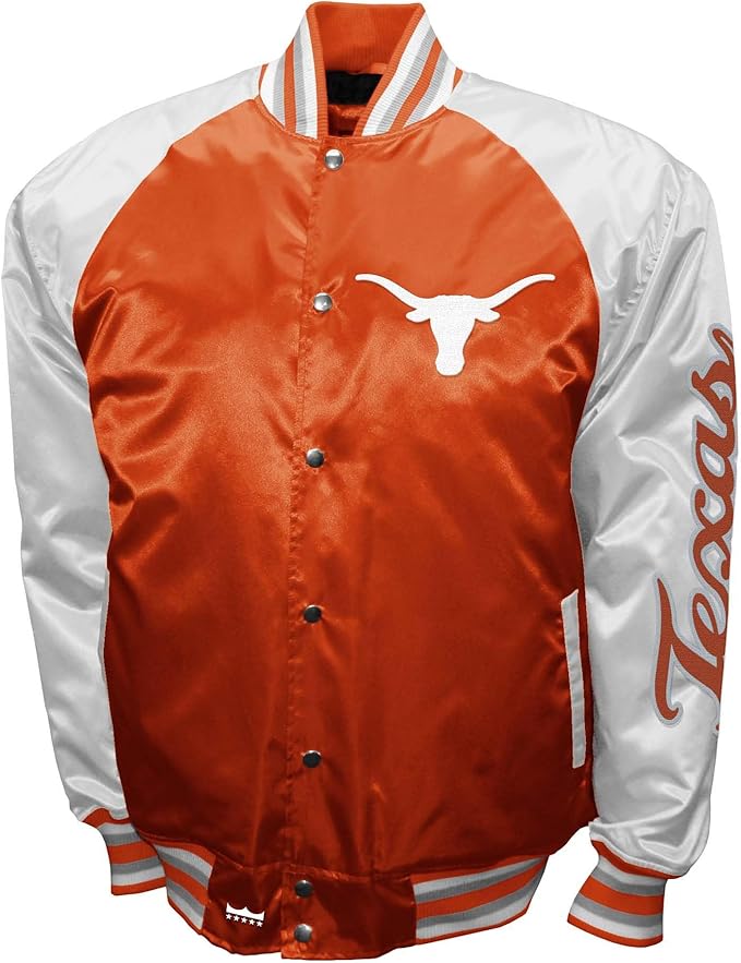 Texas Longhorns Orange Satin Varsity Fan Jacket – Men’s Full-Snap “The Game” Style
