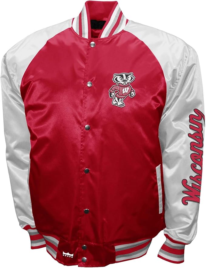 Wisconsin Badgers Red Satin Varsity Fan Jacket – Men’s Full-Snap “The Game” Style