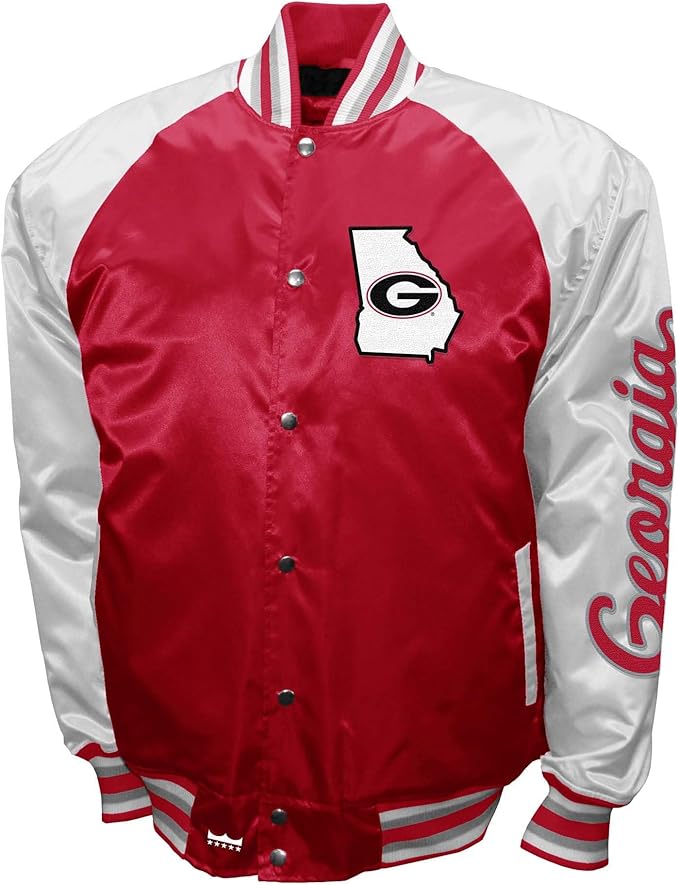Georgia Bulldogs Red Satin Varsity Fan Jacket – Men’s Full-Snap “The Game” Style