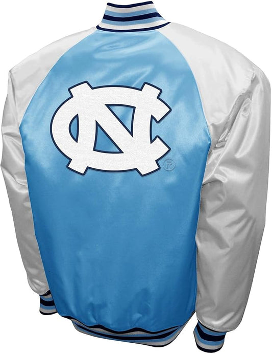 North Carolina Tar Heels Carolina Blue Satin Varsity Fan Jacket – Men’s Full-Snap “The Game” Style