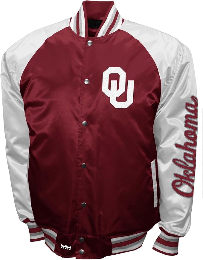 Oklahoma Sooners Crimson Satin Varsity Fan Jacket – Men’s Full-Snap “The Game” Style