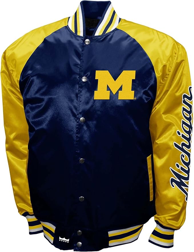 Michigan Wolverines Navy Satin Varsity Fan Jacket – Men’s Full-Snap “The Game” Style