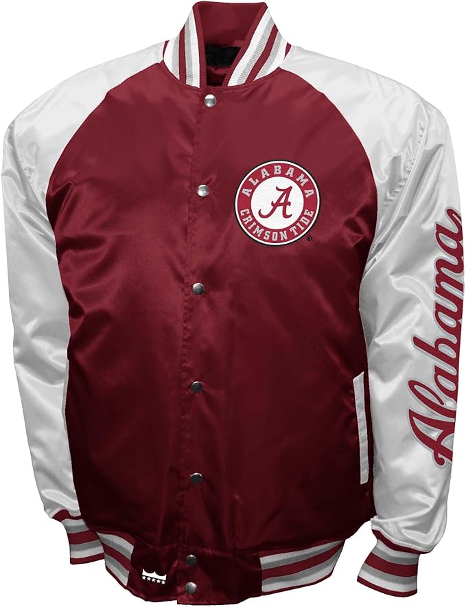 Alabama Crimson Tide Satin Varsity Fan Jacket – Men’s Crimson Full-Snap “The Game” Style