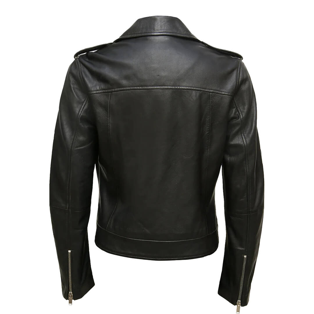 Women's classic black faux leather biker jacket, durable and stylish with an edgy design, perfect for fashion-forward wardrobes.