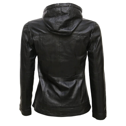 Black women's Hooded Genuine Leather Jacket