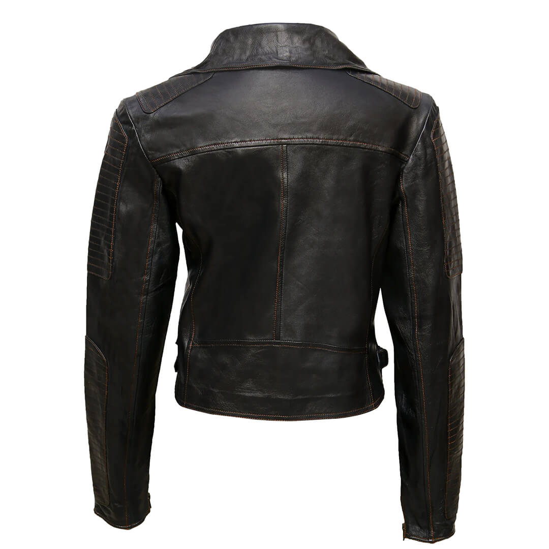 Man wearing authentic vintage black leather biker jacket with classic motorcycle style, designed for durability and riding comfort.