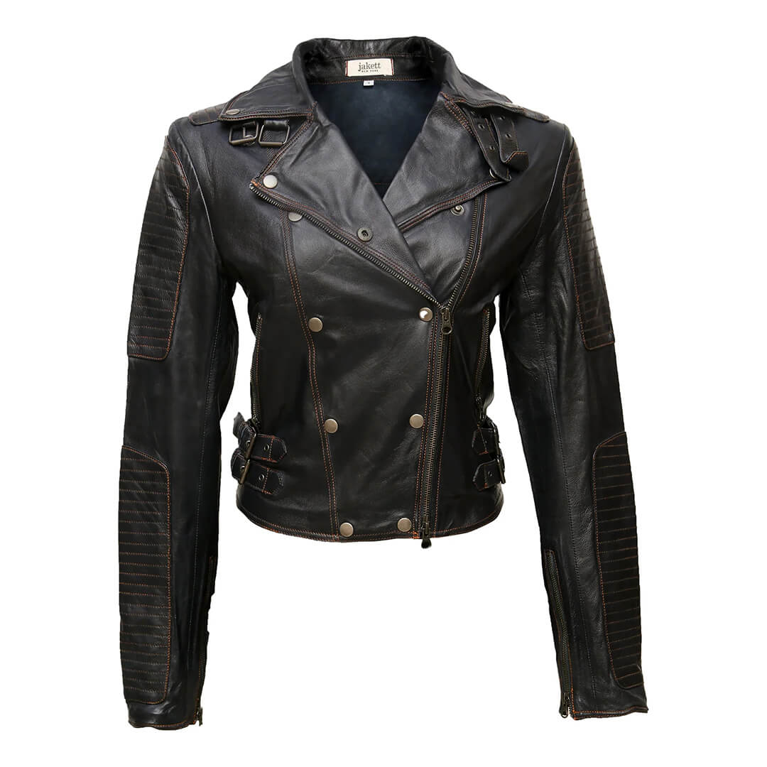 Man wearing authentic vintage black leather biker jacket with classic motorcycle style, designed for durability and riding comfort.