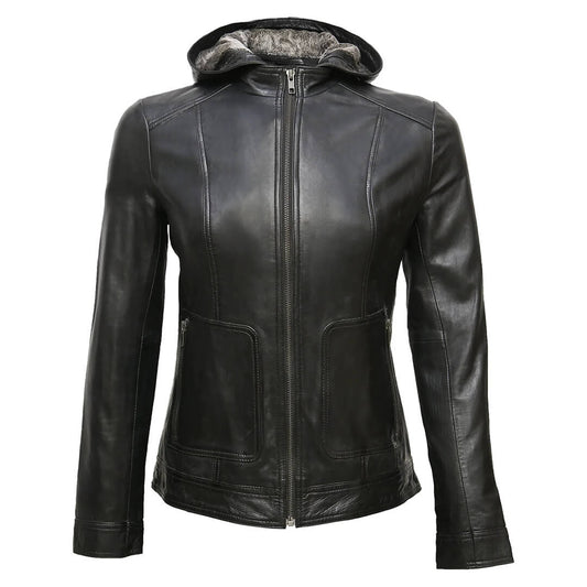 Black women's Hooded Genuine Leather Jacket