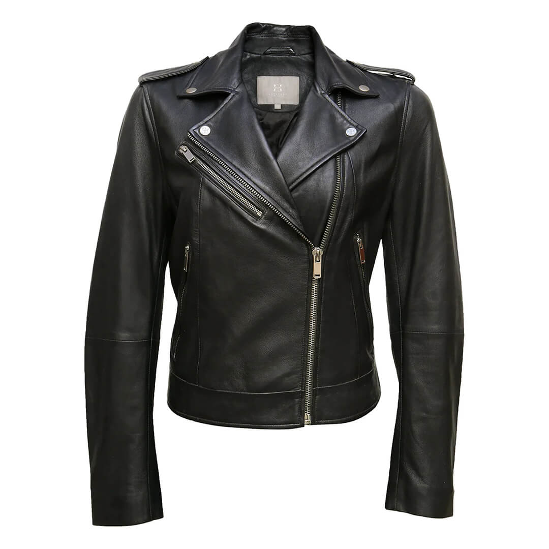 Women's classic black faux leather biker jacket, durable and stylish with an edgy design, perfect for fashion-forward wardrobes.