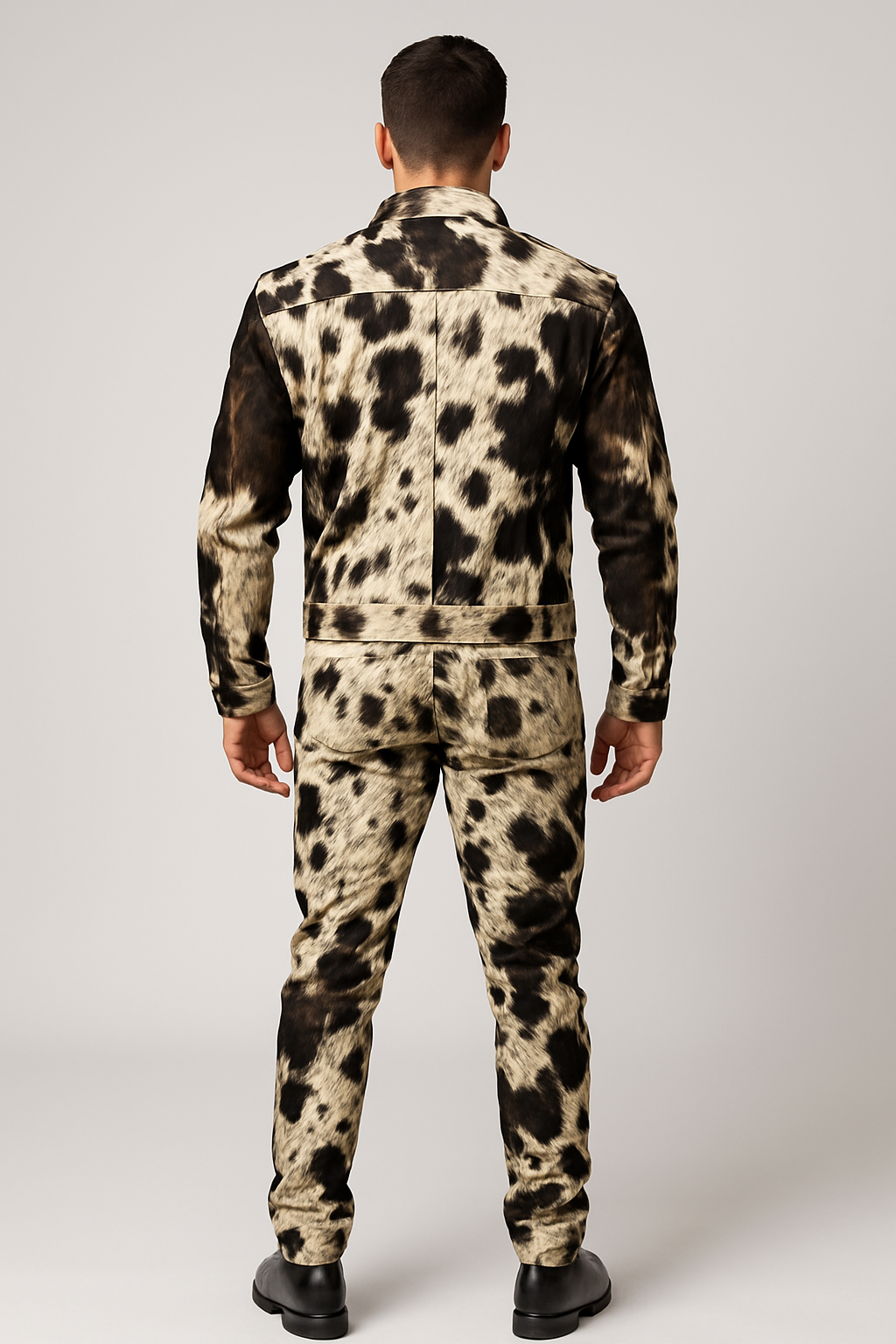 “Back view of men’s cowhide print jacket and pants outfit – male model showcasing full rear design in high-quality studio fashion shoot.”
