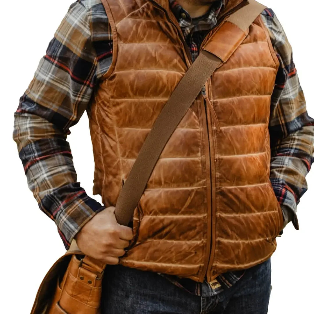 Brown Leather Puffer Vest Sleeveless Styling for Men and Women