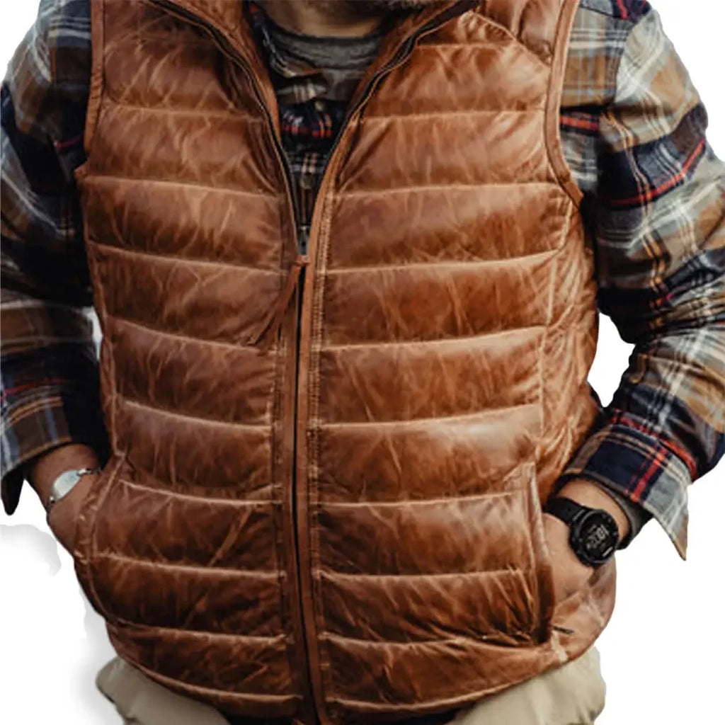 Brown Leather Puffer Vest Sleeveless Styling for Men and Women