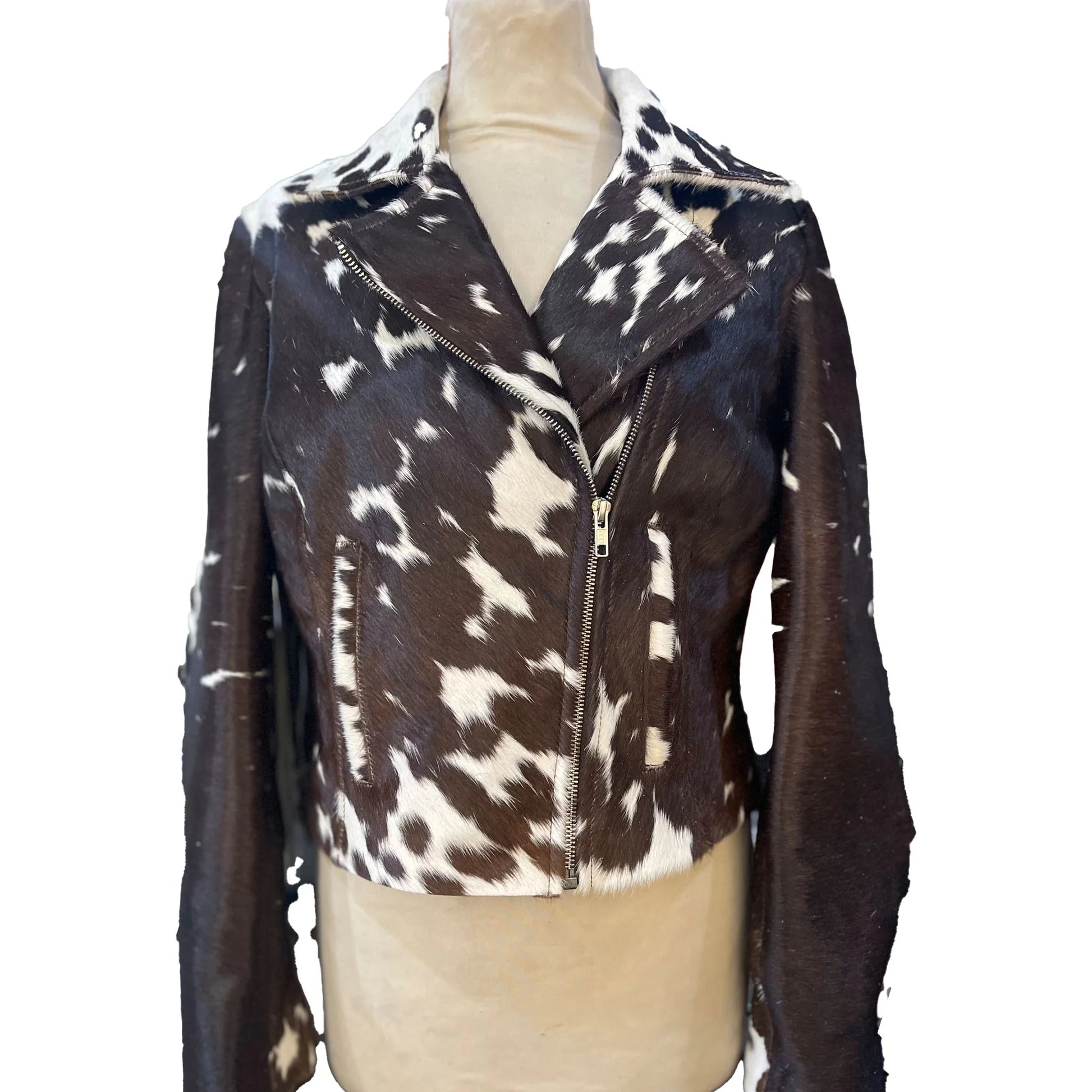 White and Cream Modernist Cow Hide Leather Jacket, Chic Outerwear for Fashion Lovers