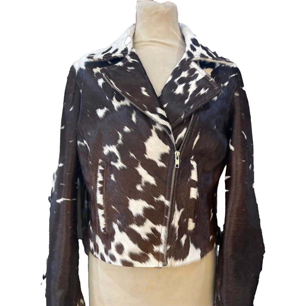 White and Cream Modernist Cow Hide Leather Jacket, Chic Outerwear for Fashion Lovers