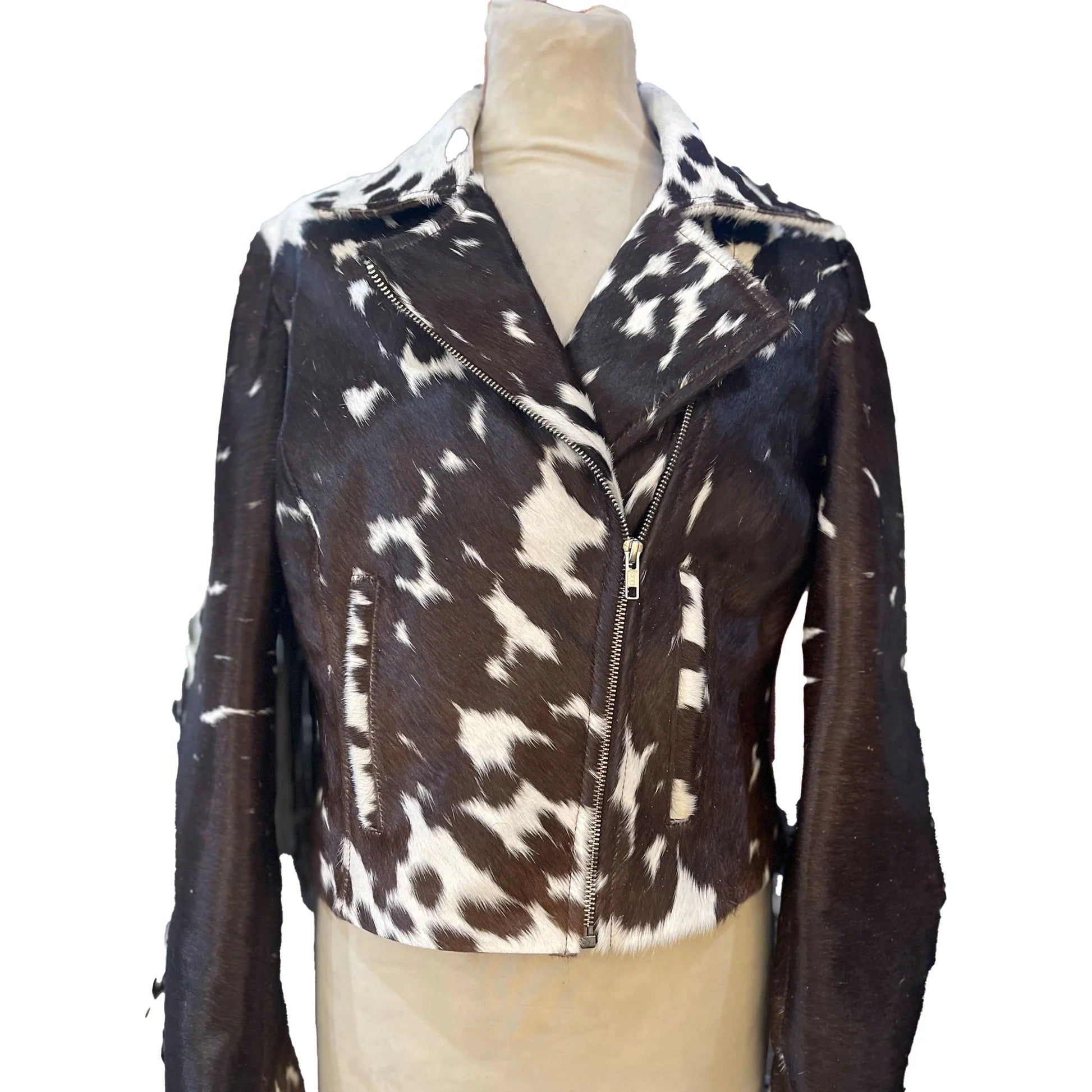 White and Cream Modernist Cow Hide Leather Jacket, Chic Outerwear for Fashion Lovers
