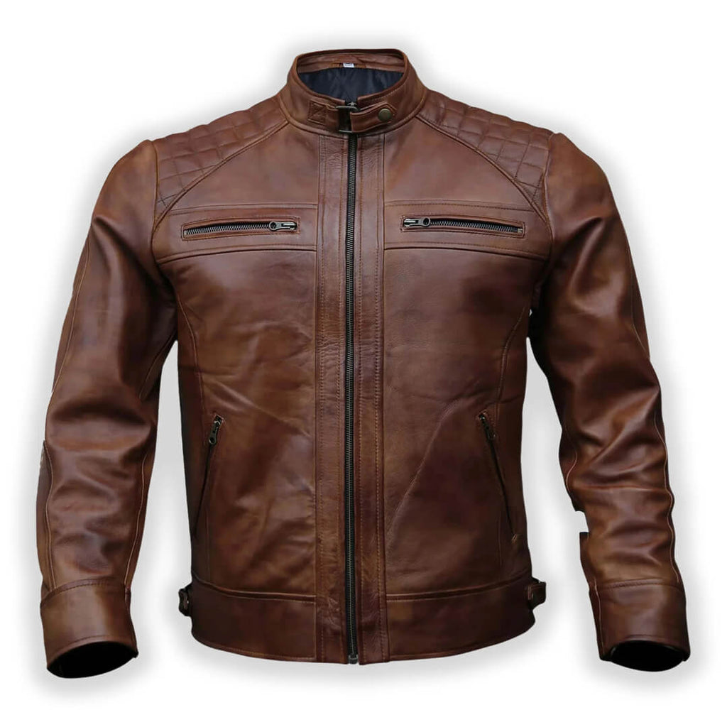 Men's brown leather biker jacket with quilted shoulder detail.