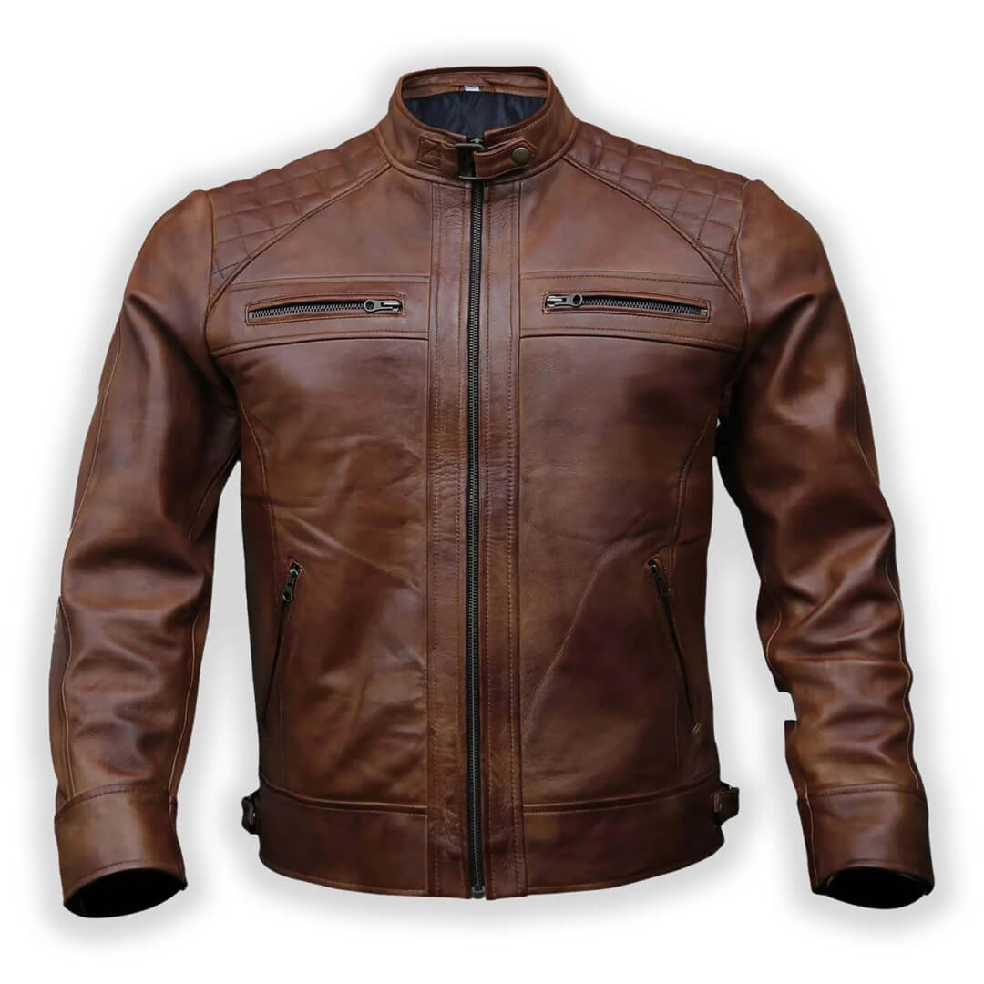 Men's brown leather biker jacket with quilted shoulder detail.