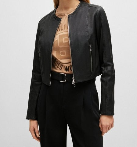 Collarless leather jacket slimfit_black