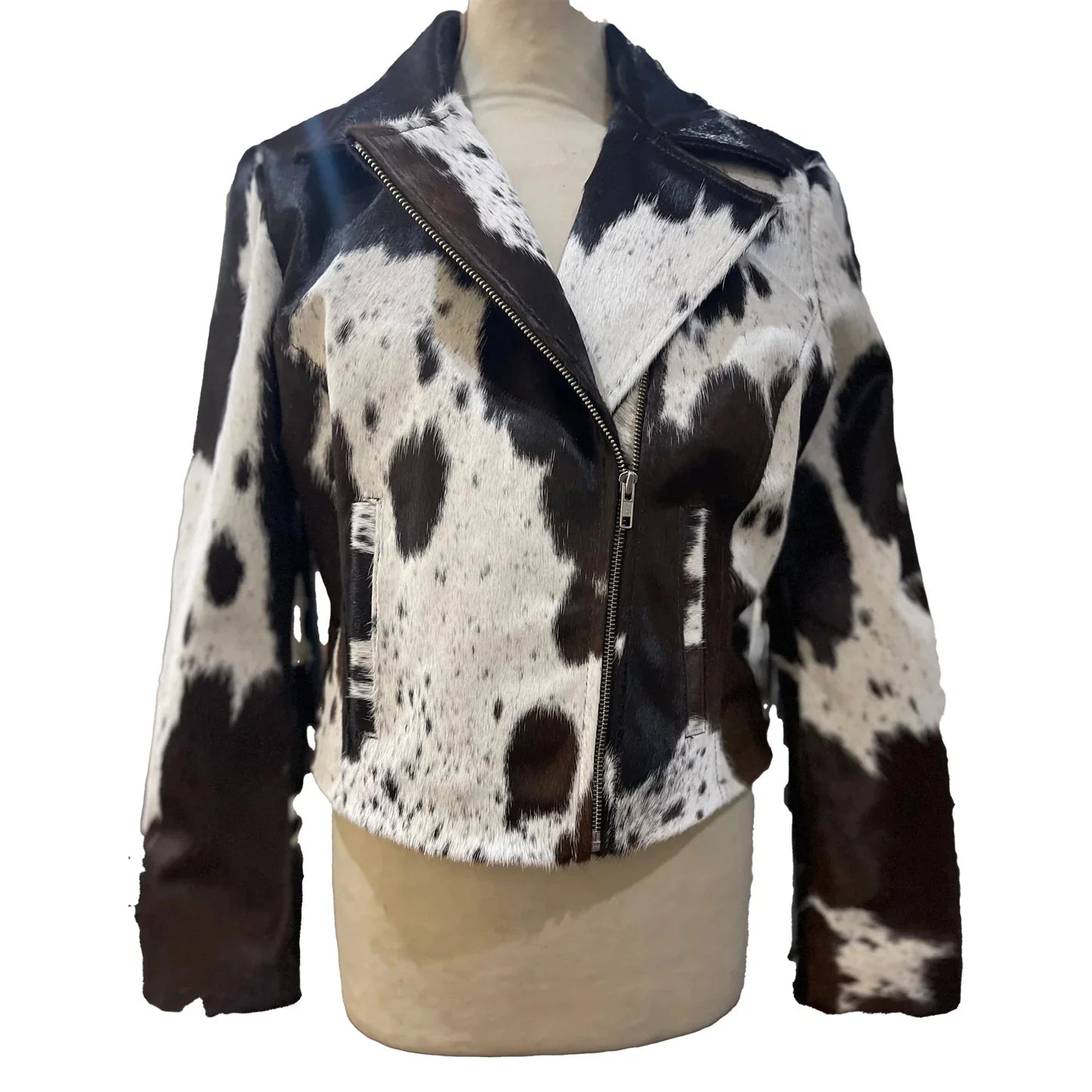 Elegant black and white women's cowhide leather jacket, showcasing stylish design and handcrafted quality.