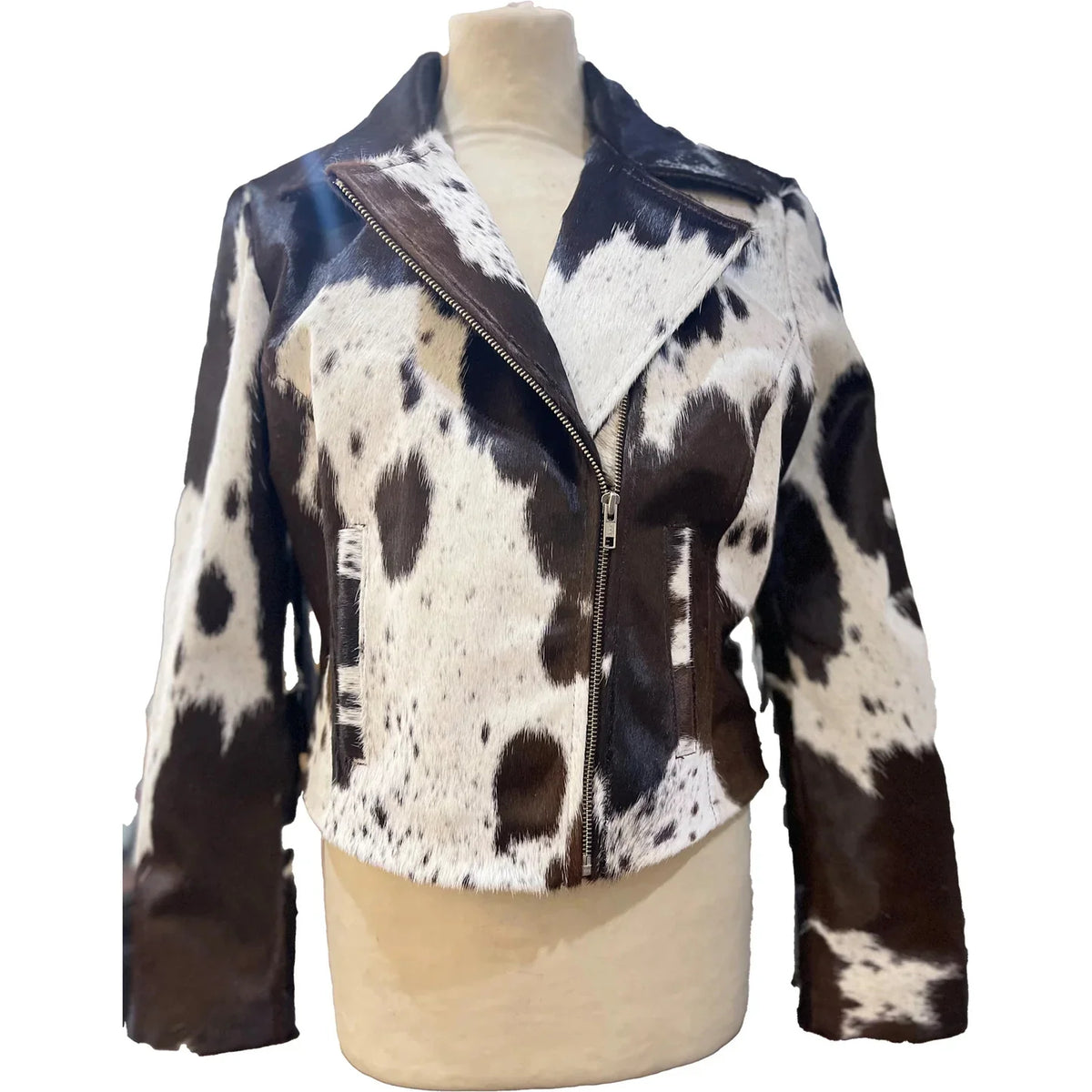 Elegant black and white women's cowhide leather jacket, showcasing stylish design and handcrafted quality.