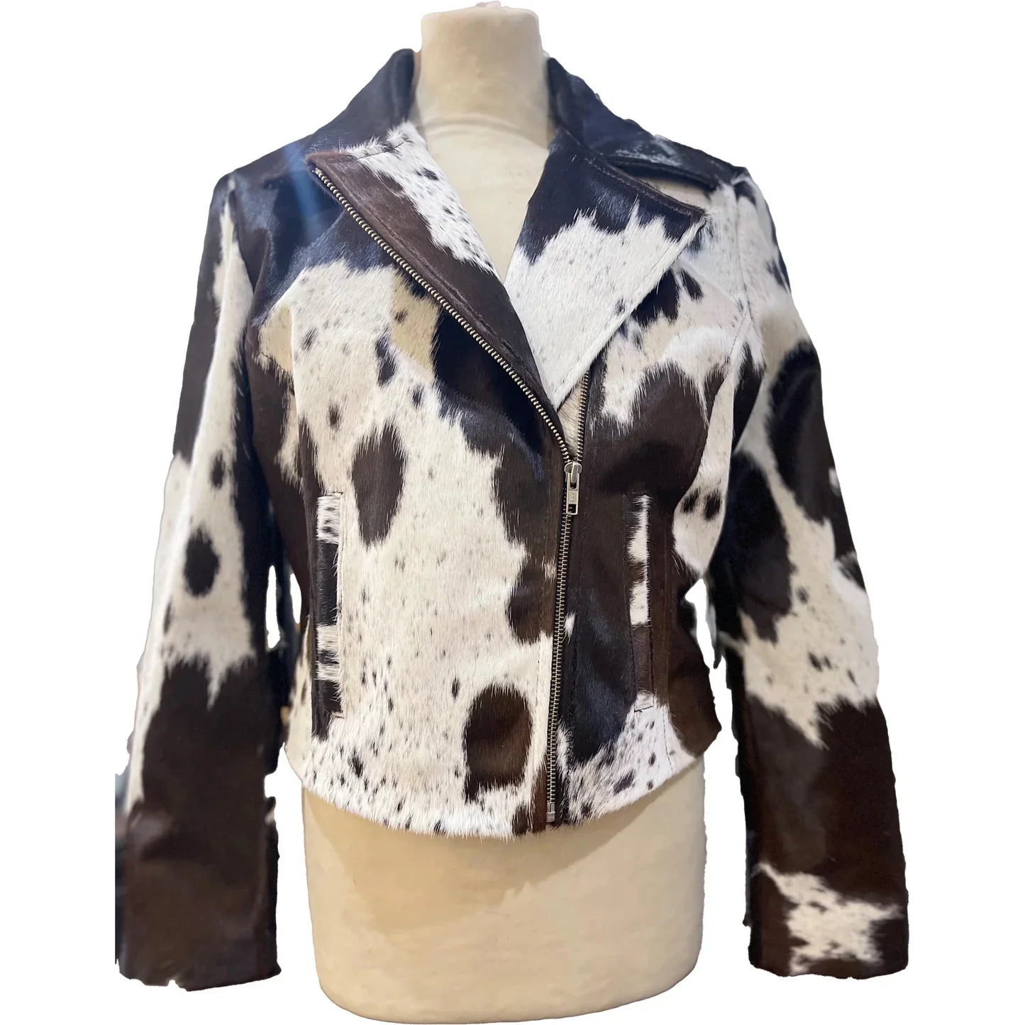 Elegant black and white women's cowhide leather jacket, showcasing stylish design and handcrafted quality.