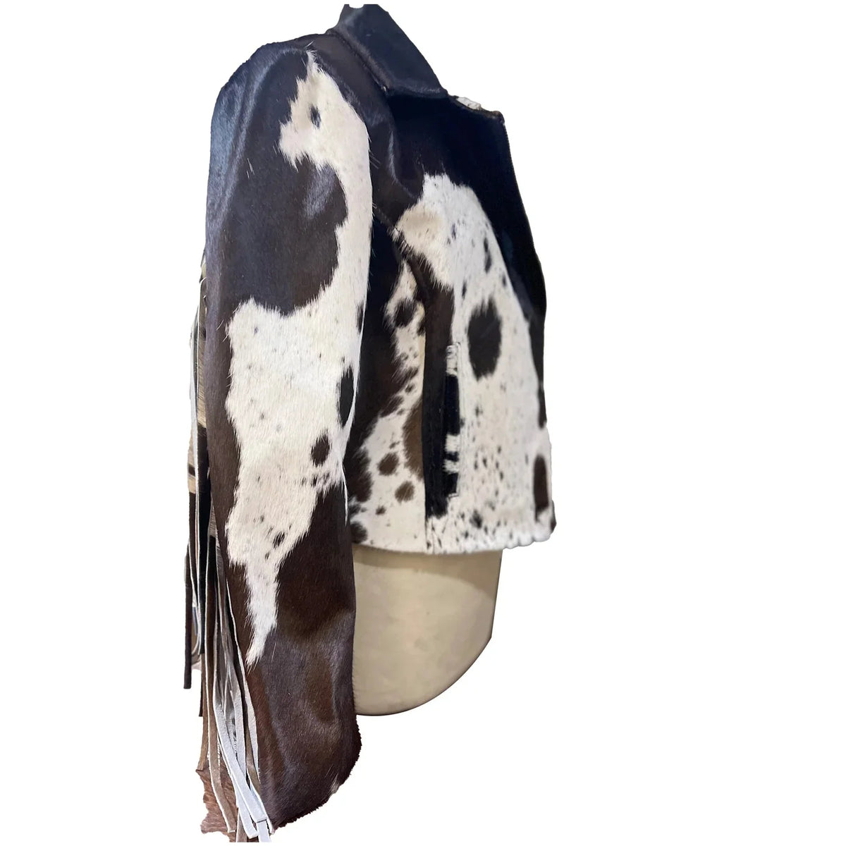 Elegant black and white women's cowhide leather jacket, showcasing stylish design and handcrafted quality.