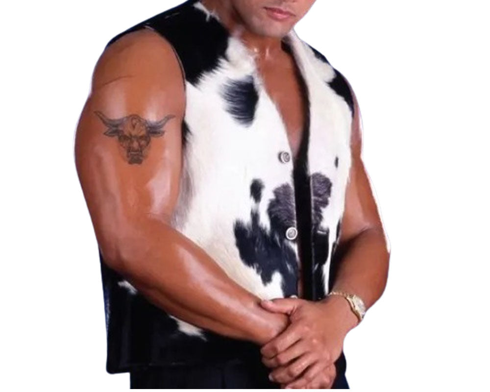 Cowhide vest from 90s The Rock on Raw before WrestleMania wearing
