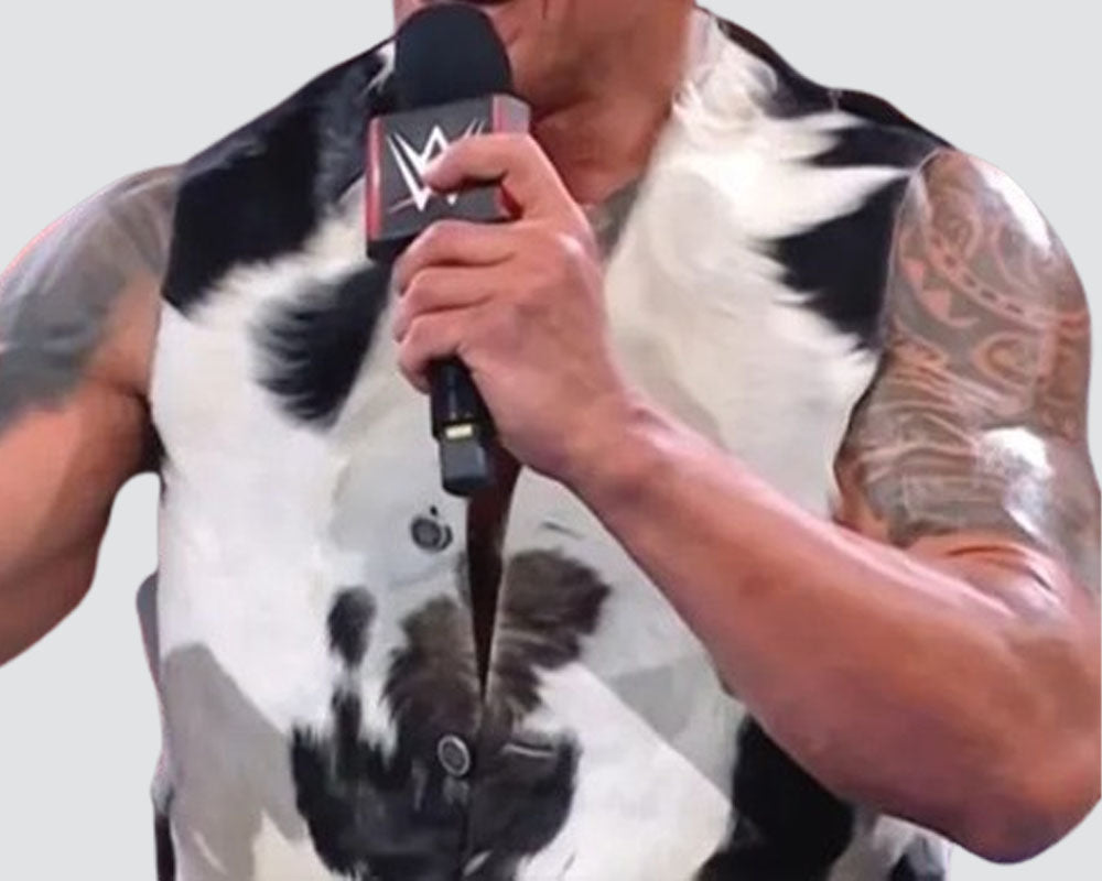 Cowhide vest from 90s The Rock on Raw before WrestleMania wearing