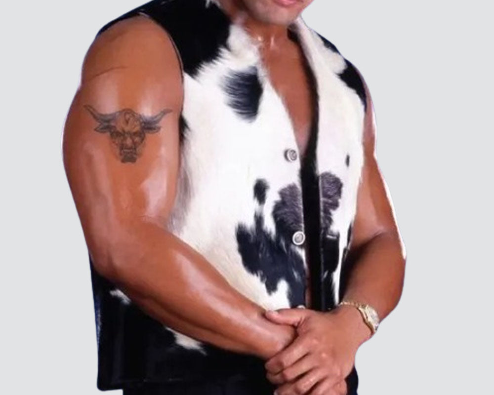 Cowhide vest from 90s The Rock on Raw before WrestleMania wearing