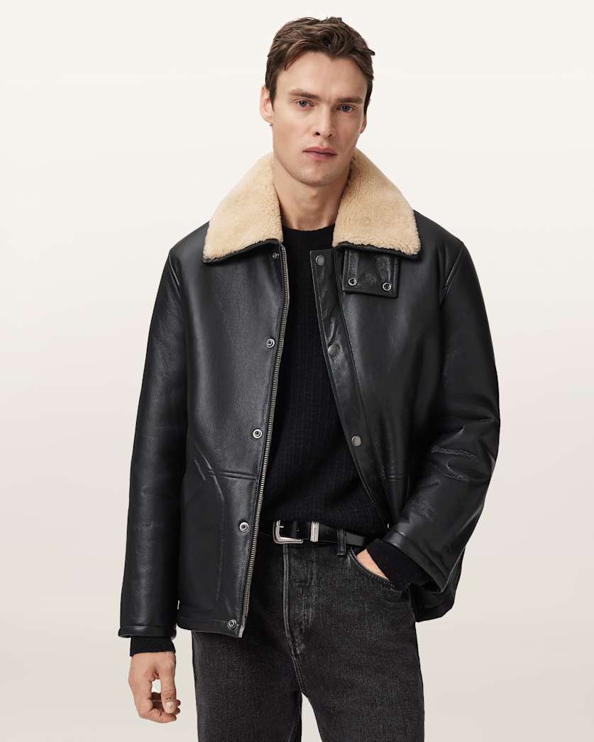 Original Shearling Leather Coat – Black with Sand Collar | Cowskin Jackets