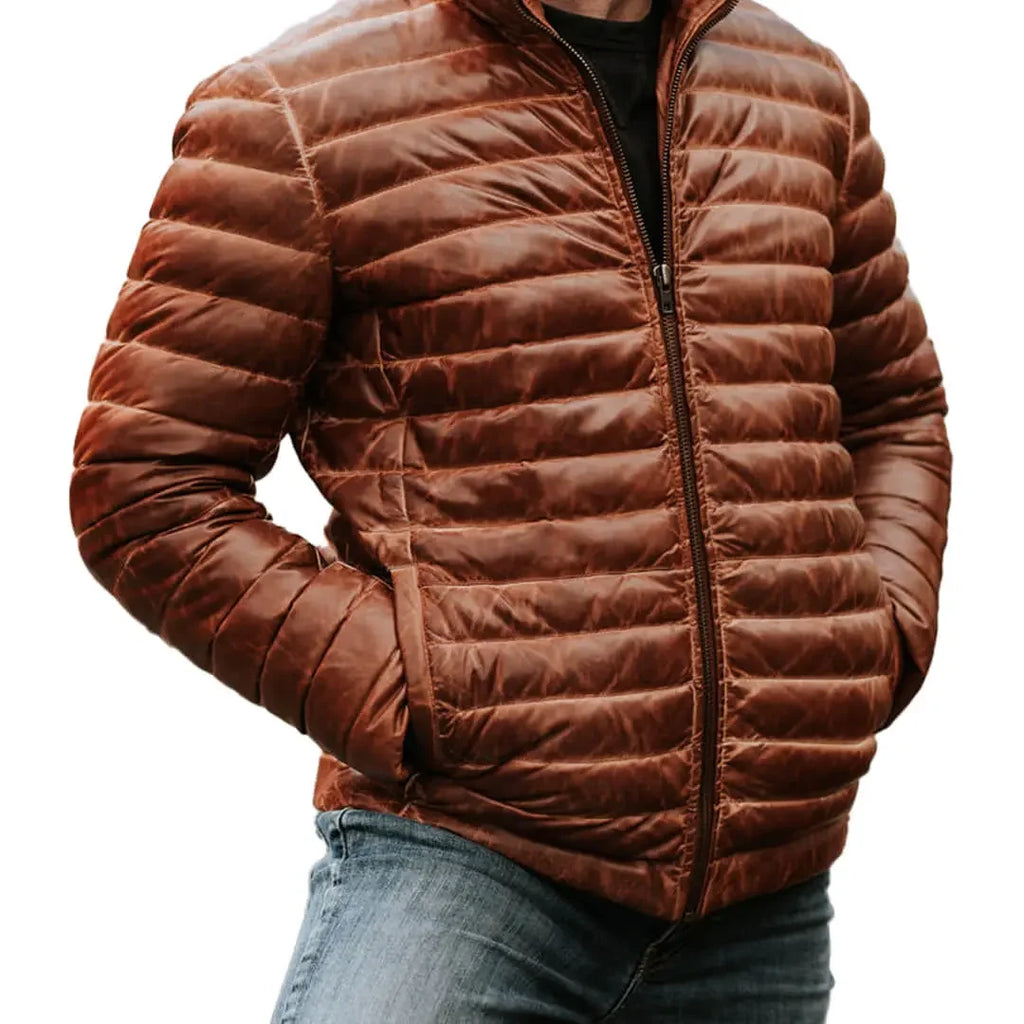 Full Sleeves Brown Leather Puffer Vest: Versatile Winter Fashion