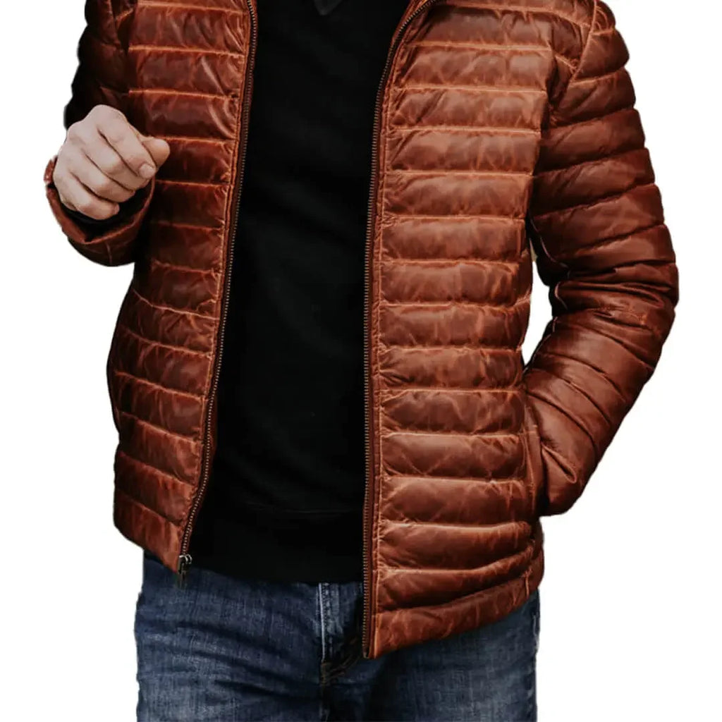 Full Sleeves Brown Leather Puffer Vest: Versatile Winter Fashion