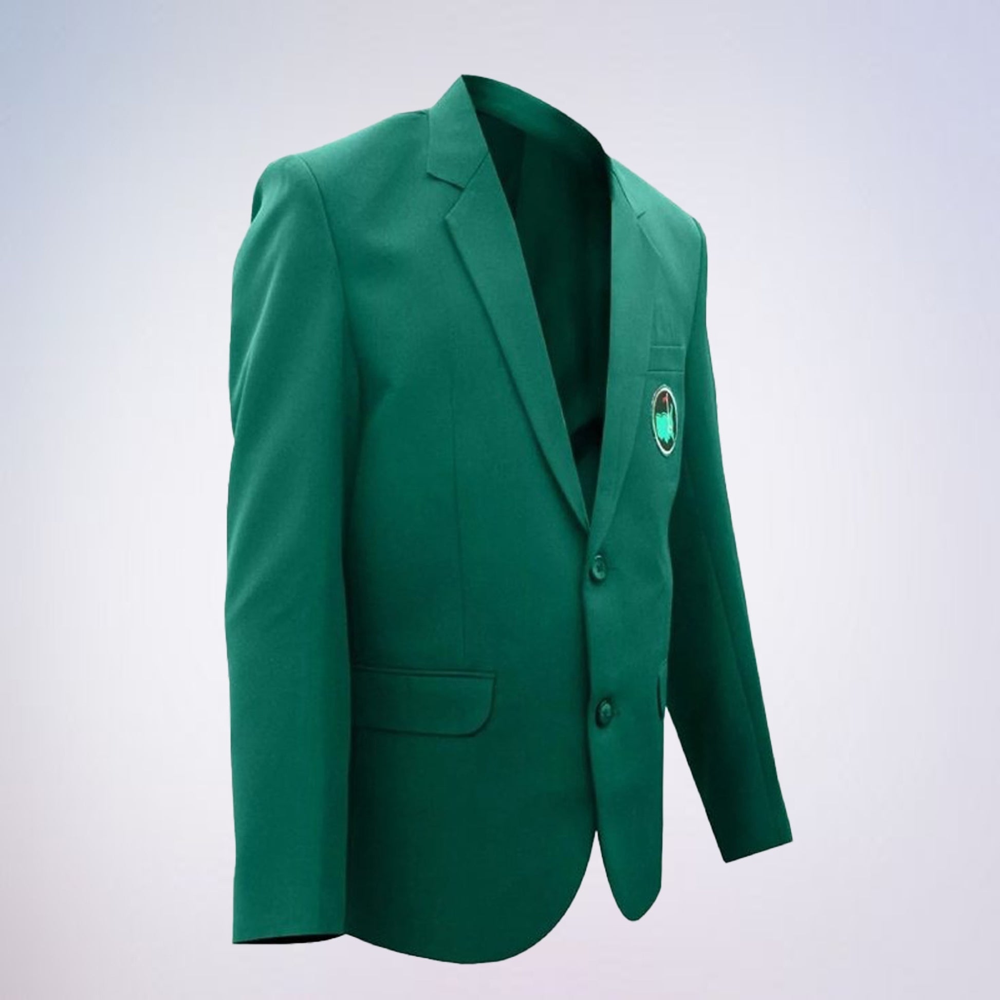 The blazer is a formal jacket, typically associated with prestigious events or organizations. The emblem on the pocket appears to be a map outline with a flag, which is often associated with the Masters Tournament, a major golf championship. 