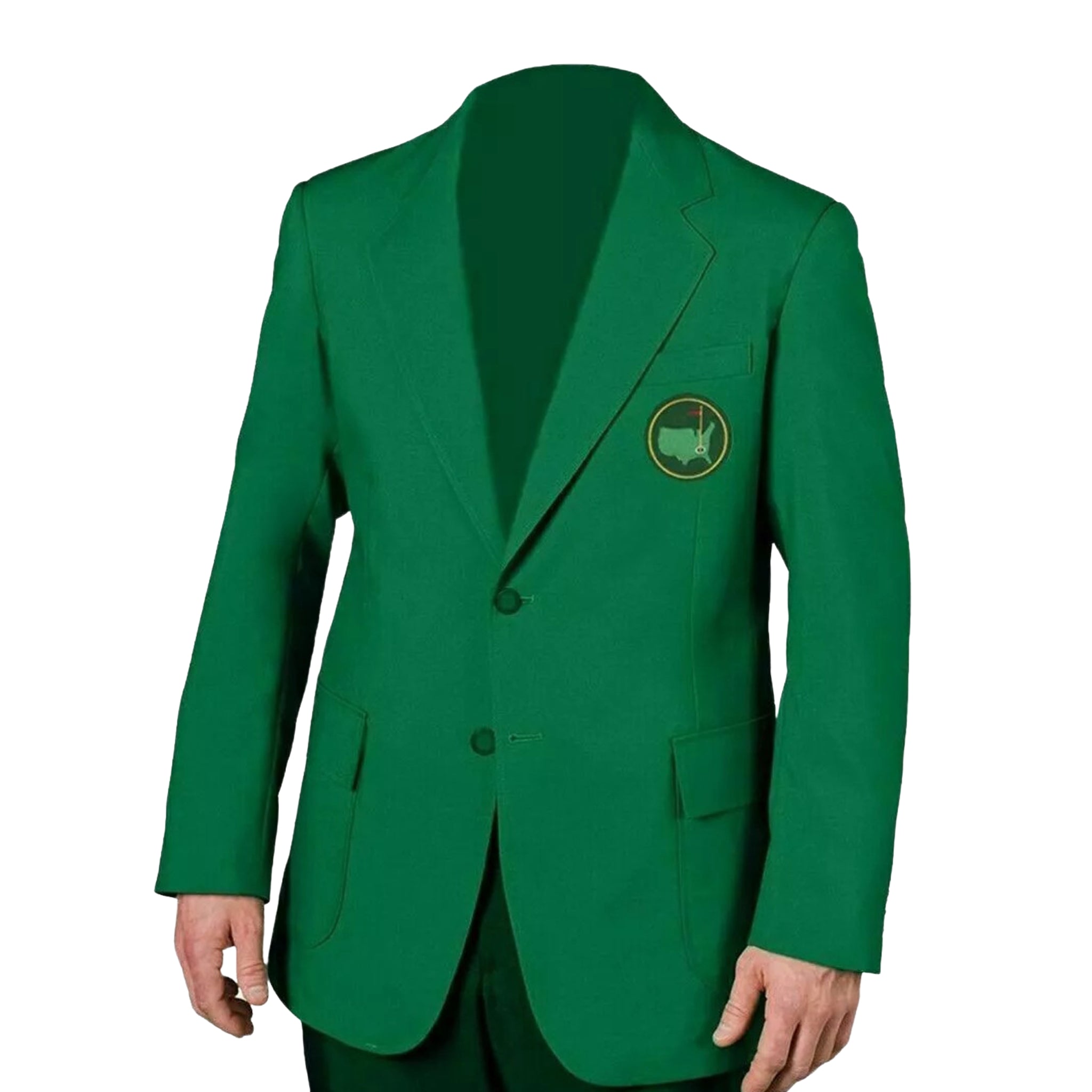 The blazer is a formal jacket, typically associated with prestigious events or organizations. The emblem on the pocket appears to be a map outline with a flag, which is often associated with the Masters Tournament, a major golf championship. 