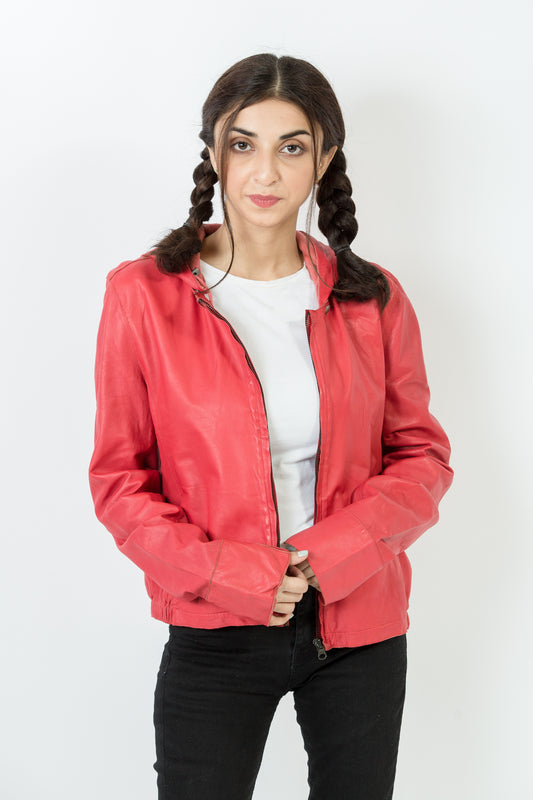 Stylish Pink Ladies Leather Jacket