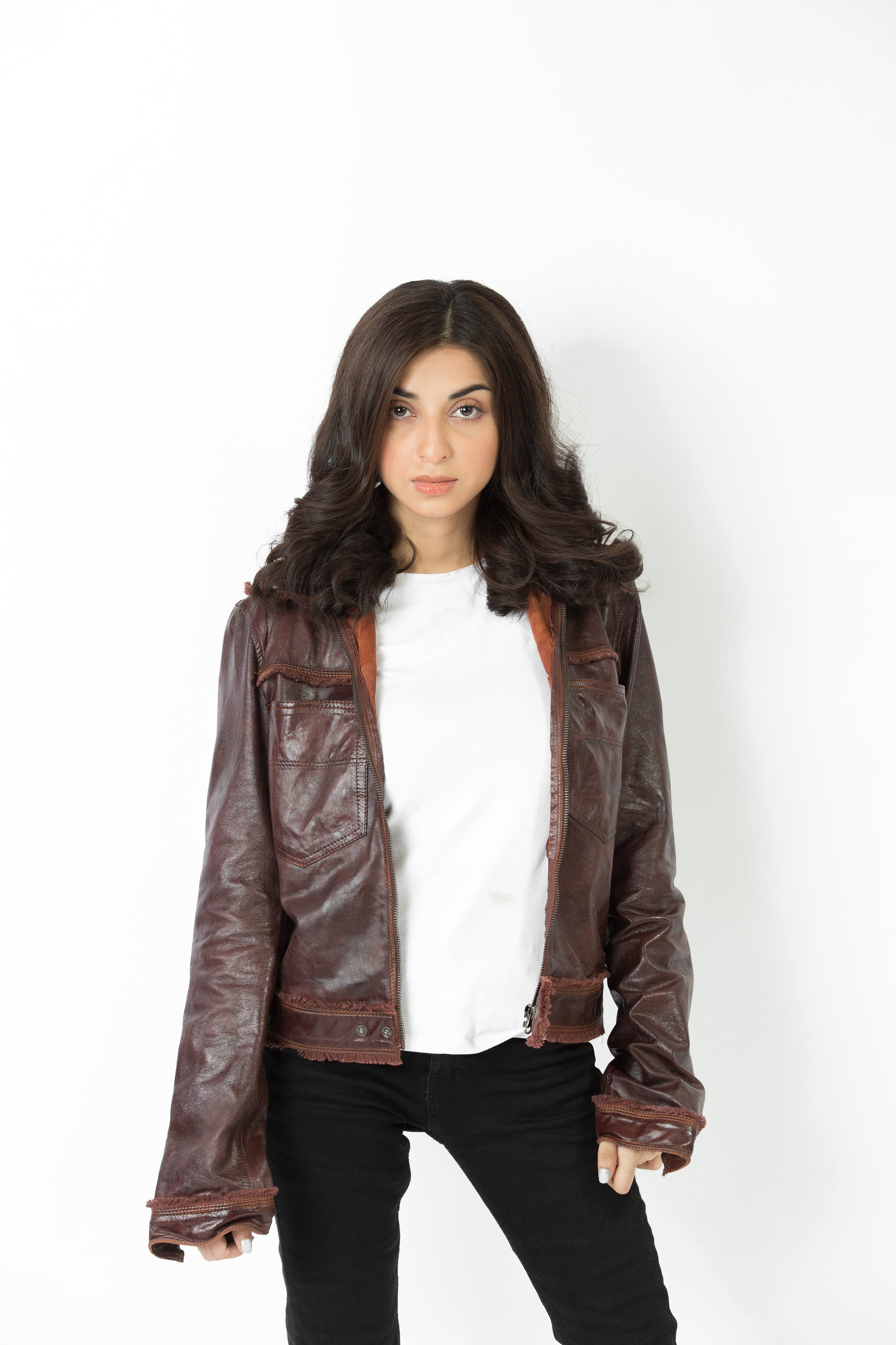 Classic dark brown leather jacket for women, premium handcrafted quality, versatile for casual chic style.