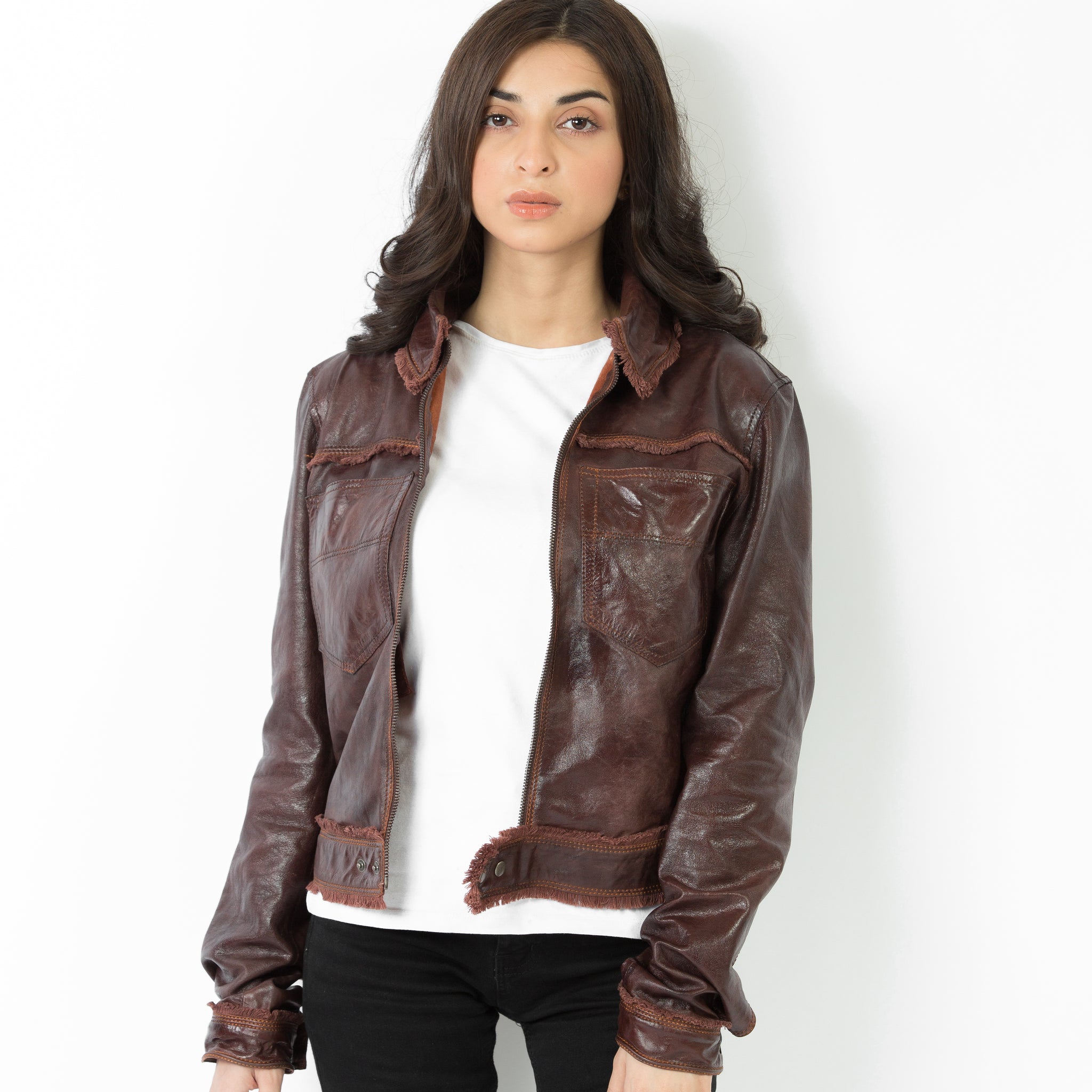 Classic dark brown leather jacket for women, premium handcrafted quality, versatile for casual chic style.