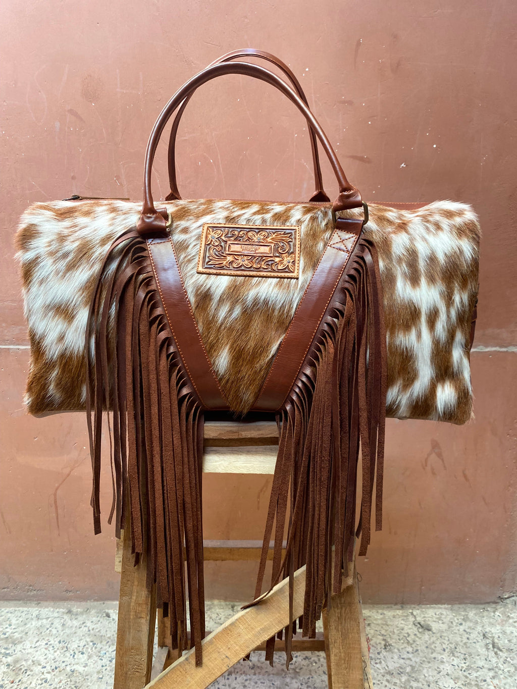 Cowhide Western Duffle Bag With Fringe