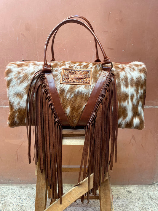 Cowhide Western Duffle Bag With Fringe