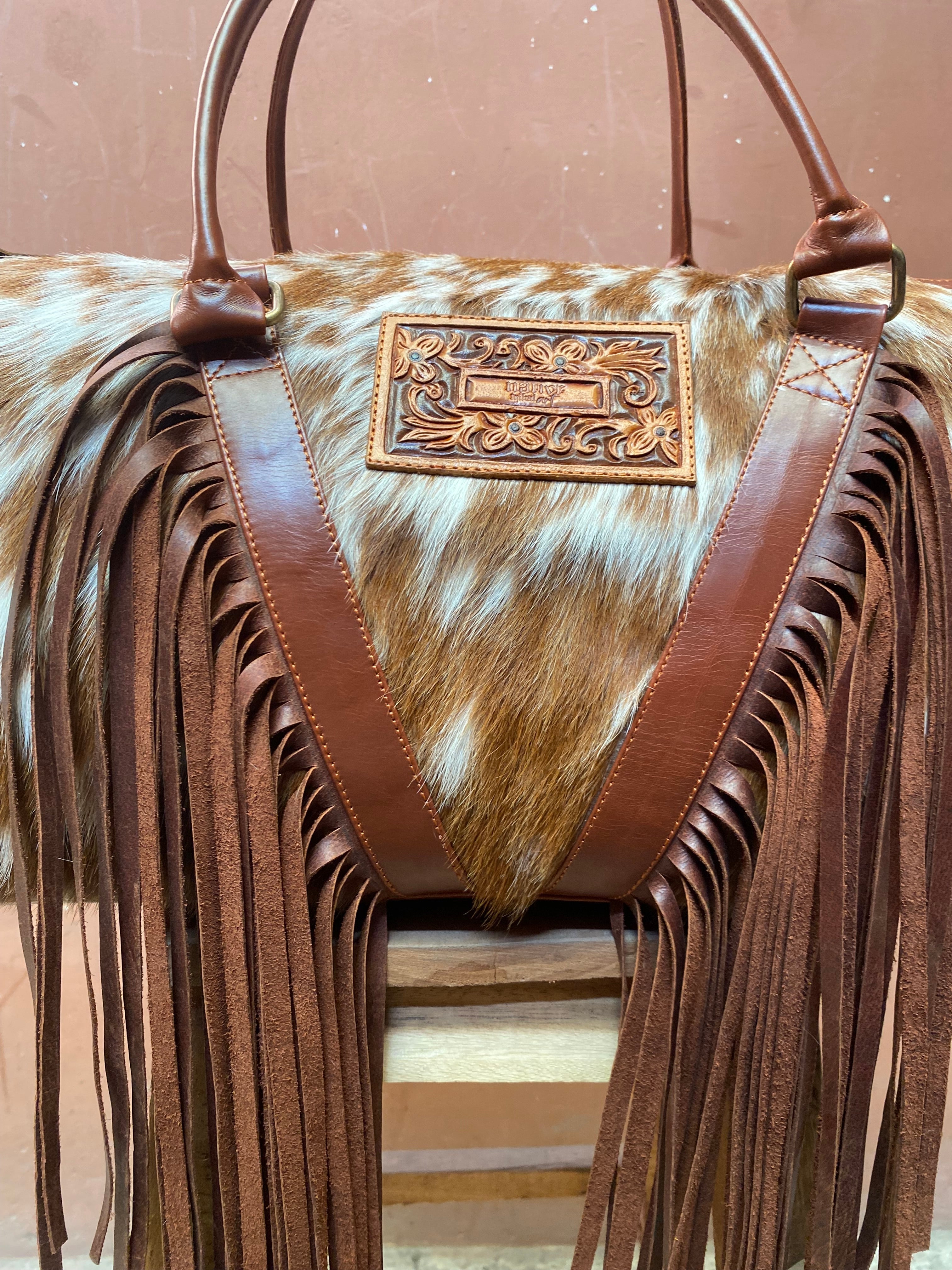Cowhide Western Duffle Bag With Fringe