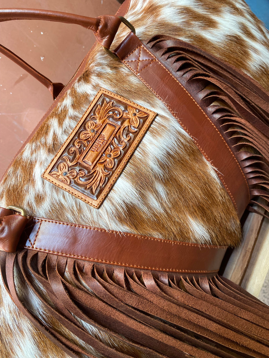 Cowhide Western Duffle Bag With Fringe