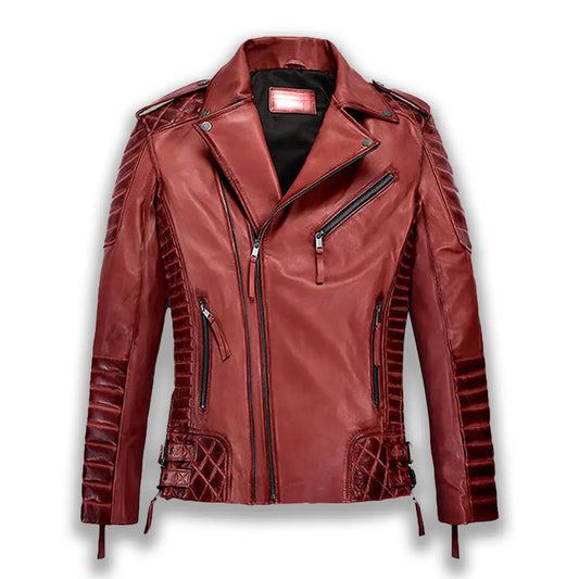 Leather Jacket for Women's with Triple Zippers Burnt Red Biker Coat