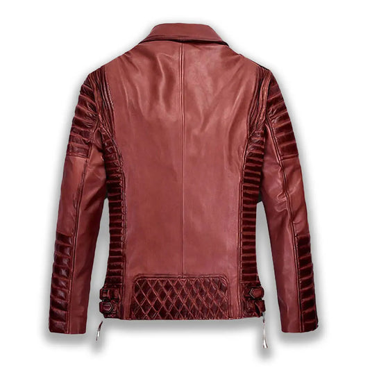 Leather Jacket for Women's with Triple Zippers Burnt Red Biker Coat