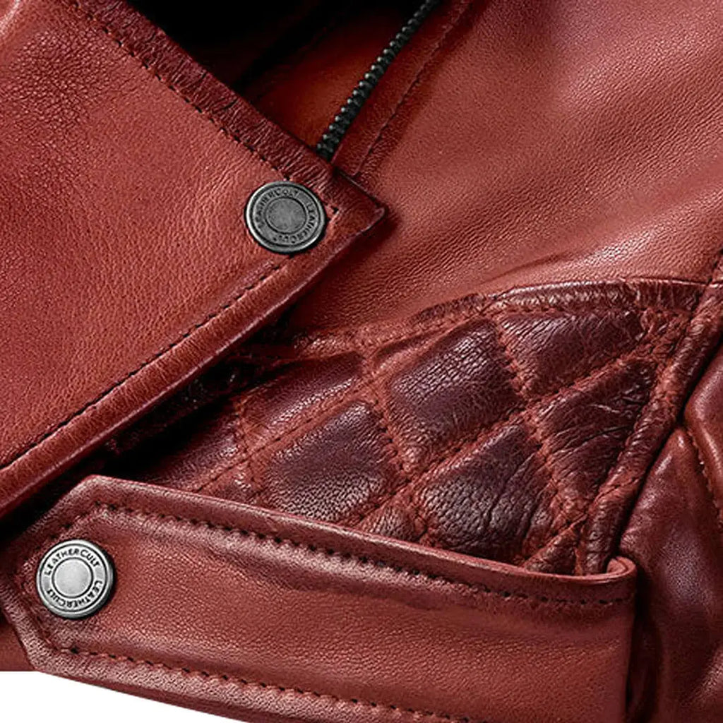 Dunkelrote Biker-Lederjacke für Herren mit dreifachem Reißverschluss