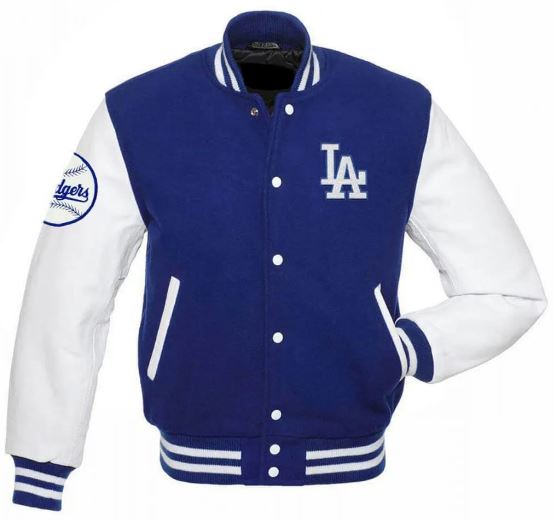 Los Angeles Blue and White Varsity Fan Jacket Dodgers Inspired – Front and Back View

