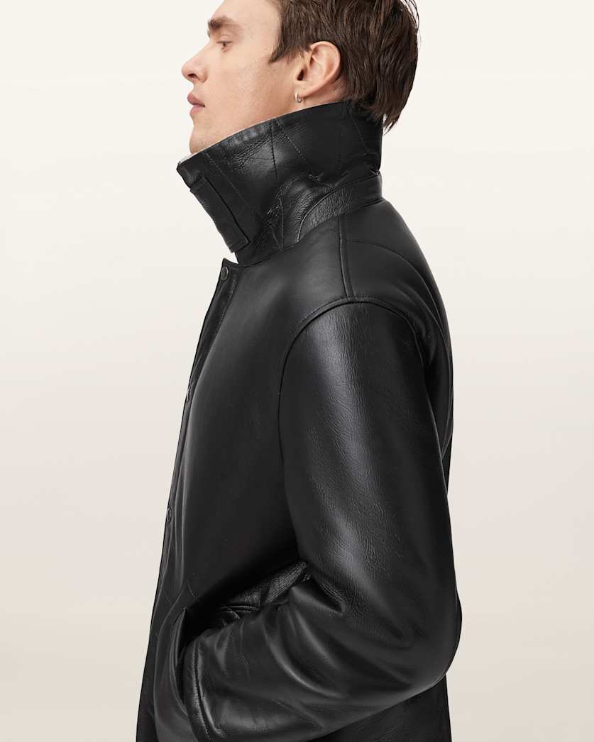 Original Shearling Leather Coat – Black with Sand Collar | Cowskin Jackets