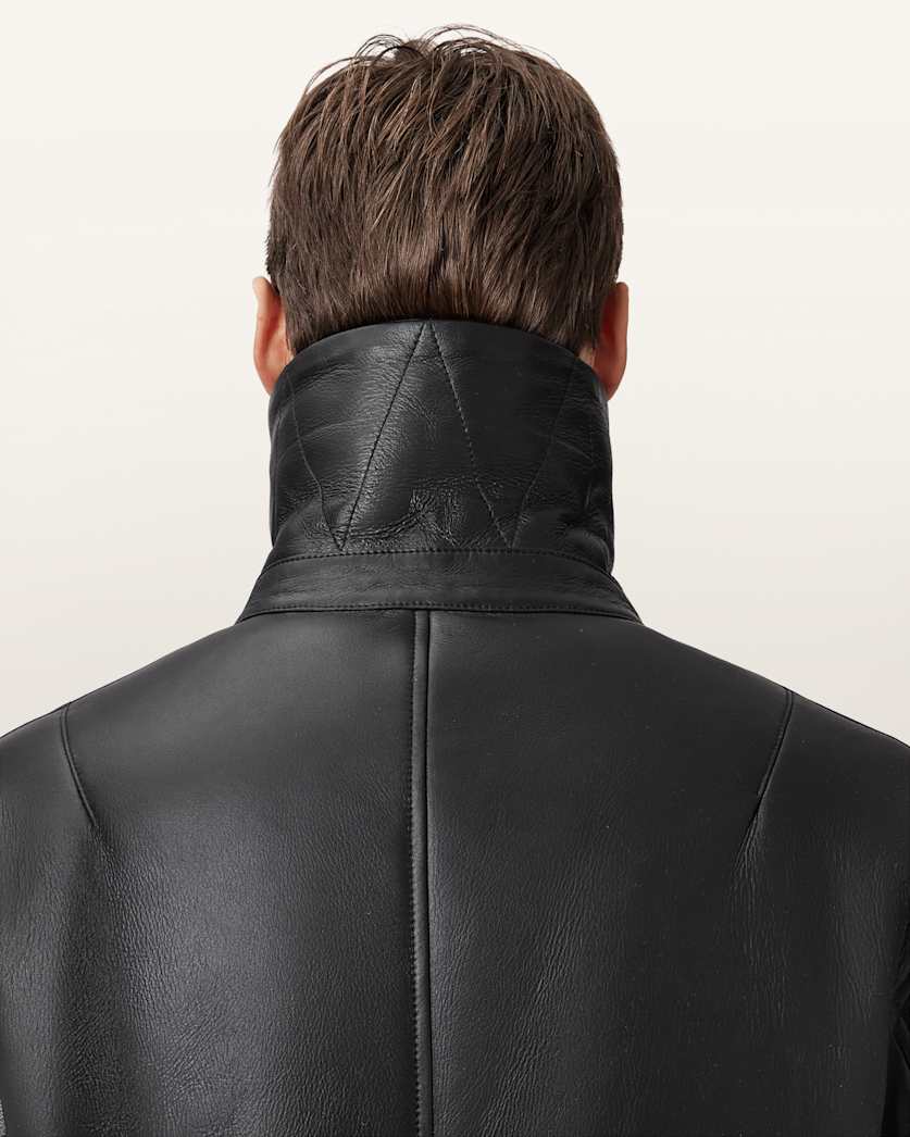 Original Shearling Leather Coat – Black with Sand Collar | Cowskin Jackets